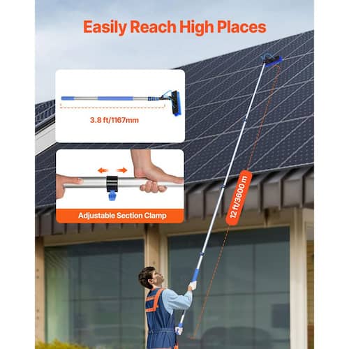 12 ft. Water Fed Pole Kit, Extendable Handle with 180° Rotatable Brush and 65.6 ft. Hose, Window and Solar Panel Cleaner Renewable Energy
