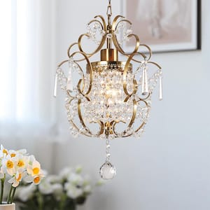 1-Light Gold Mini Glam Chandelier for Kitchen Island with Clear Glass Hanging Crystals