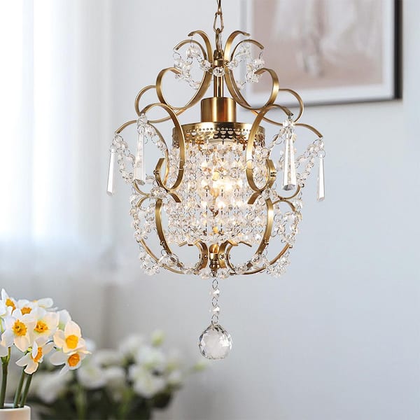 pasentel 1-Light Gold Mini Glam Chandelier for Kitchen Island with Clear Glass Hanging Crystals