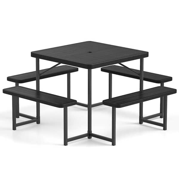 1-Piece Plastic Outdoor Dining Set Picnic Table Bench Set for 4-8 People with Umbrella Hole All-Weather Black