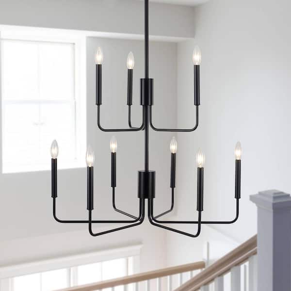 LWYTJO 9-Light 2 Tier 29.5 in. W Matte Black Modern Rustic Candle style Chandelier for Bedroom Kitchen Living Room Hallway