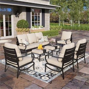 Black Slatted 9-Seat 7-Piece Metal Outdoor Patio Conversation Set with Beige Cushions and 2 Ottomans