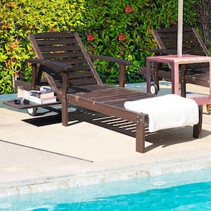 Oversized Carbonized Wood Outdoor Chaise Lounge Chair with Wheels and Pull-Out Tray