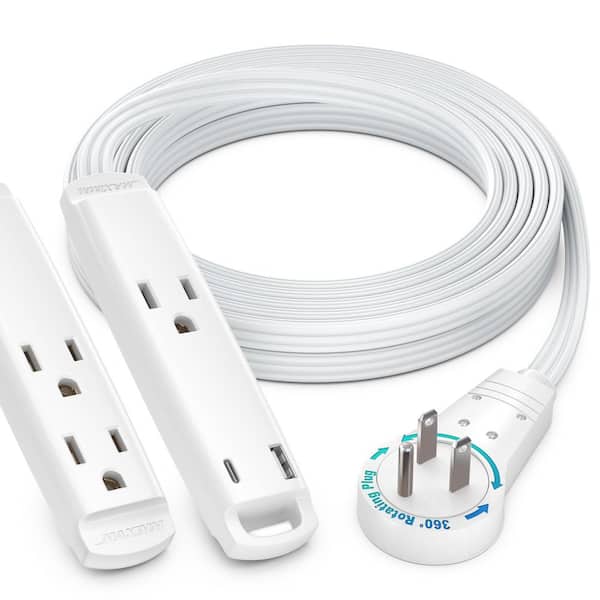 10 ft. 16/3 Light Duty Indoor Extension Cord 360 Rotating Plug 3-Outlet with USB-C Port and Loop, White