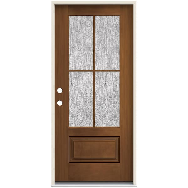 36 in. x 80 in. Right-Hand 3/4 Lite Rain Decorative Glass Mocha Stain Fiberglass Prehung Front Door w/Brickmould
