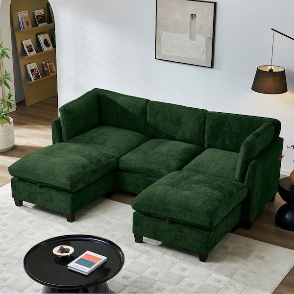 Prescott Modern 96.5 in. Chenille Fabric Upholstered U-Shaped 3-Seater Storage Sectional Sofa in Green with Ottomans