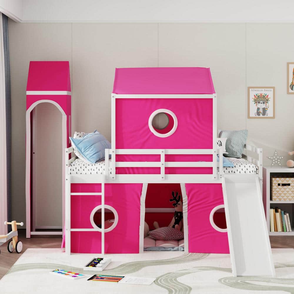 Pink Full Size Wood Loft Bed with Slide, Tent, Tower and Ladder