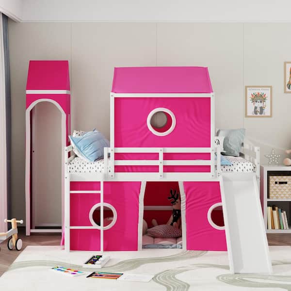  Pink Full Size Wood Loft Bed with Slide, Tent, Tower and Ladder