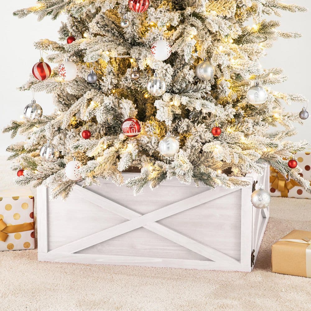 Rustic Washed White Wooden Christmas Tree Collar Box