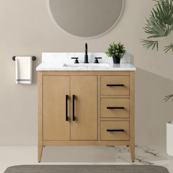 36 in. W x 22 in. D x 34 in. H Single-Sink Bathroom Vanity in Natural Oak with Engineered Marble Top in Arabescato White