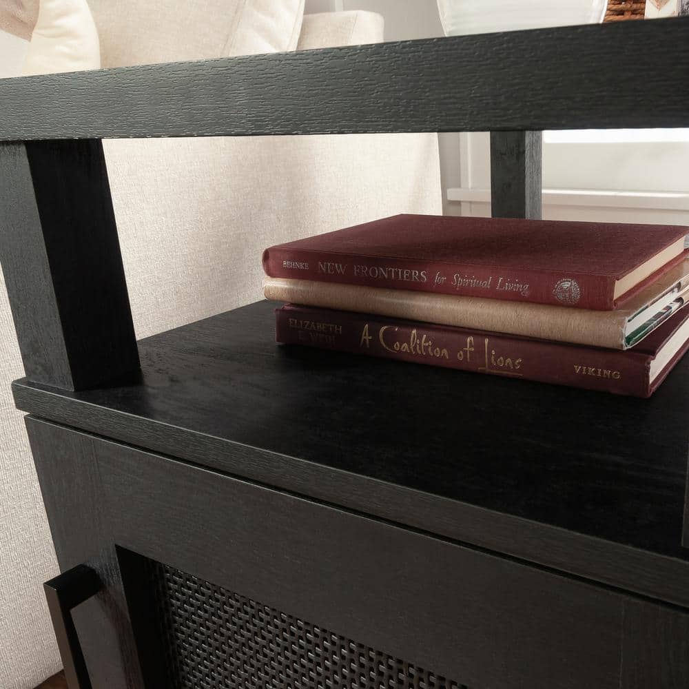 Raven Oak Rectangular Side Table with Storage and Rattan Insert