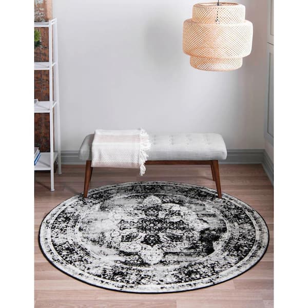 Sofia Salle Garnier Black 6 ft. 1 in. x 6 ft. 1 in. Area Rug