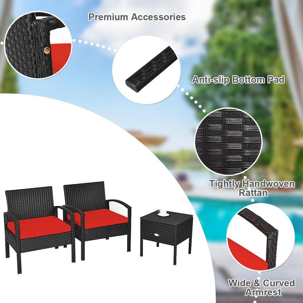 Red Cushioned Black Rattan 2-Person Patio Conversation Set