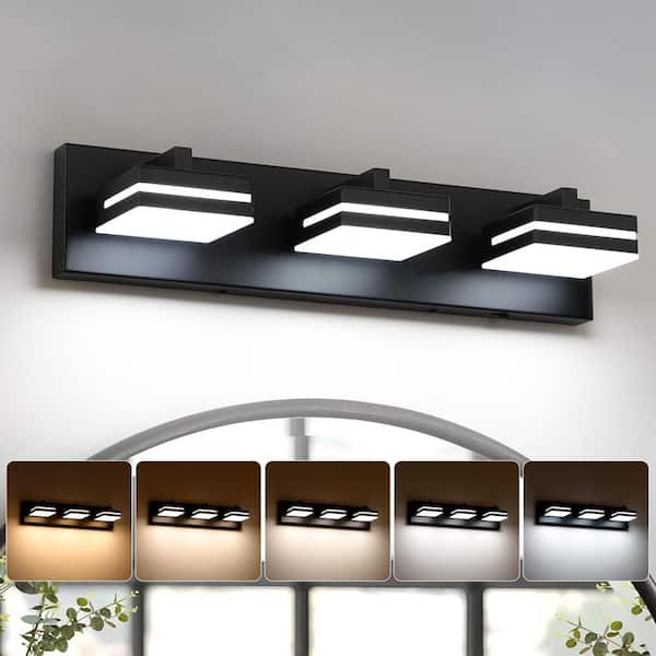 JUSHENG 19.69 in. 3-Light Black LED Vanity Light with 5-CCT Adjustable Switch and Acrylic Lampshade