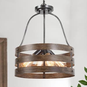 Farmhouse Drum Chandelier, 4-Light Gray Brown Modern Rustic Round Cage Pendant Chandelier with Faux Wood Accents