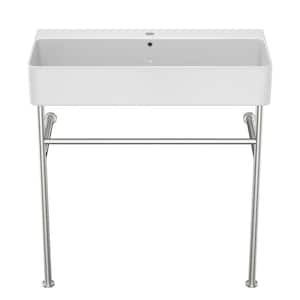 32 in. White Ceramic Rectangular Bathroom Console Sink Basin and Legs Combo with Overflow and Silver Legs