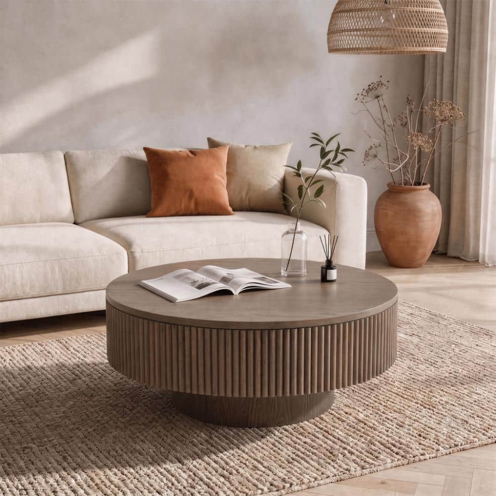 31 in. Handcrafted Brown Solid Wood Pedestal Round Coffee Table with Fluted Design price history on PriceWatchPro