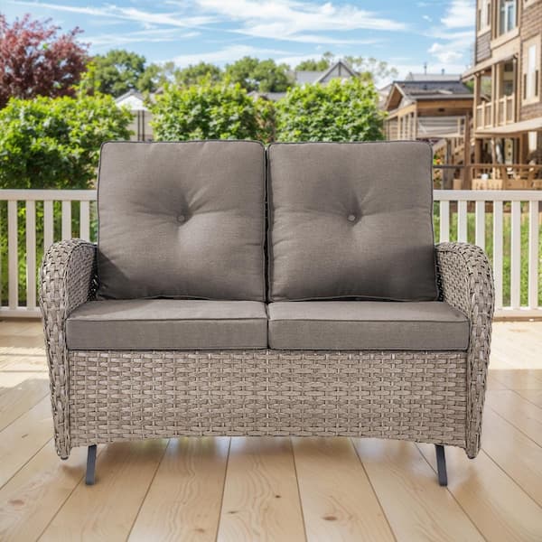 Gray PE Wicker Outdoor Loveseat with Gray Cushions and Glide Function