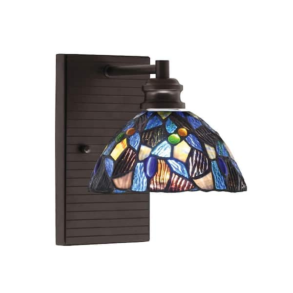 Unbranded Albany 1-Light Espresso 7 in. Wall Sconce with Blue Mosaic Art Glass Shade