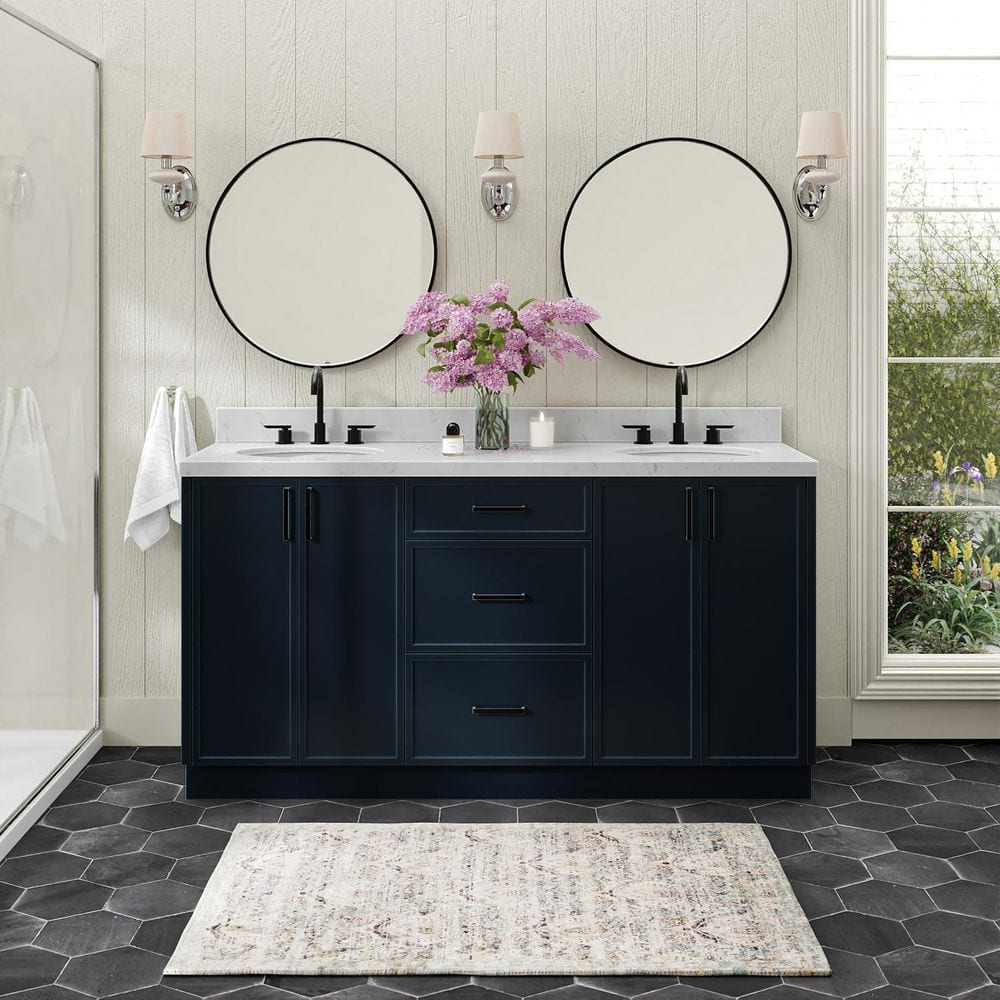 Kelly 66 in. Double Sink Freestanding Bathroom Vanity in Midnight Blue with Carrara White Quartz Top price history on PriceWatchPro