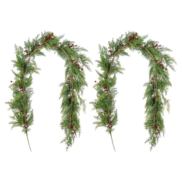 6 ft. Christmas Greenery PE Dripping Cedar Prelit Garland with Red Berries (Set of 2)