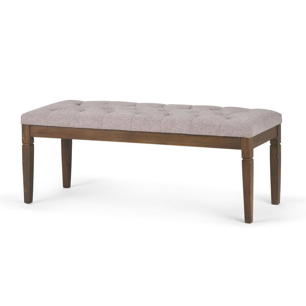 Cloud Grey Linen Tufted Ottoman Bench with Wood Legs