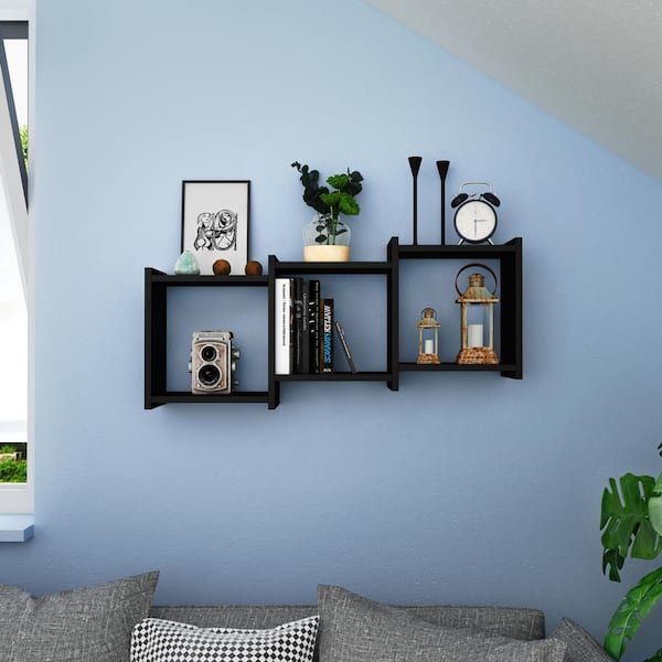 DANYA B Bauhaus Black MDF Wood 3-Cube Floating Wall Shelf