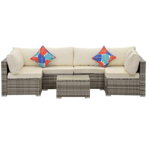 Zeus & Ruta Gray 7-Piece Wicker Outdoor Patio Conversation Sectional Sofa Seating Set with Beige Cushions and Pillow
