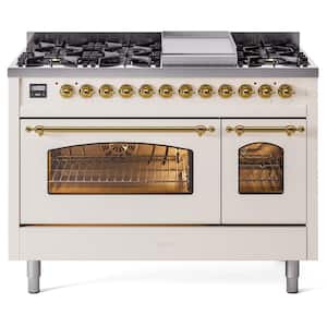 Nostalgie II 48 in. 8-Burner Plus Griddle Double Oven Natural Gas Dual Fuel Range in Antique White with Brass Trim