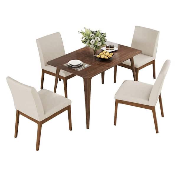 5-Piece Rubber Wood Outdoor Conversation Patio Furniture Set with Beige Cushions