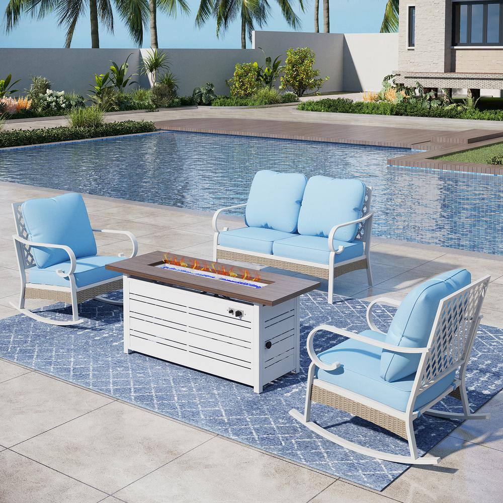 White 4-Piece Metal Outdoor Patio Conversation Set with Rocking Chairs, 50000 BTU Fire Pit Table and Blue Cushions -  PHI VILLA, THD4-C201BL-104