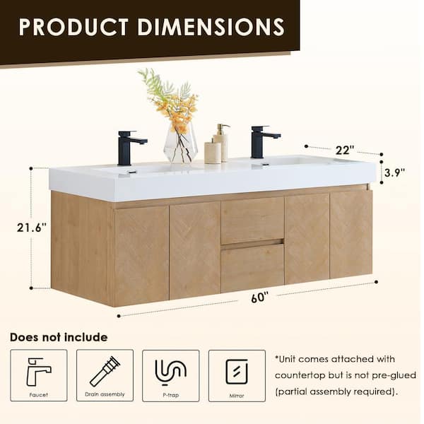Altair Siena 60 in. W Double Sink Floating Bath Vanity in