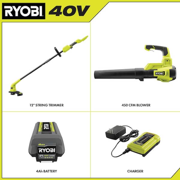 Ryobi RY40970VNM 40V Cordless Battery 12 in. String Trimmer and 450 CFM 120 MPH Blower Combo Kit 2-Tools with 4.0 Ah Battery and Charger
