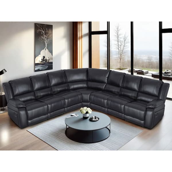 Ellesophas 119 7-Seater Manual Reclining Faux Leather Modular Sectional  Sofa in Black HD-017501