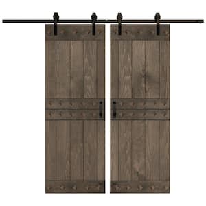 Mid-Century Style 60 in. x 84 in. Smoky Gray Finished DIY Knotty Pine Wood Double Sliding Barn Door with Hardware Kit