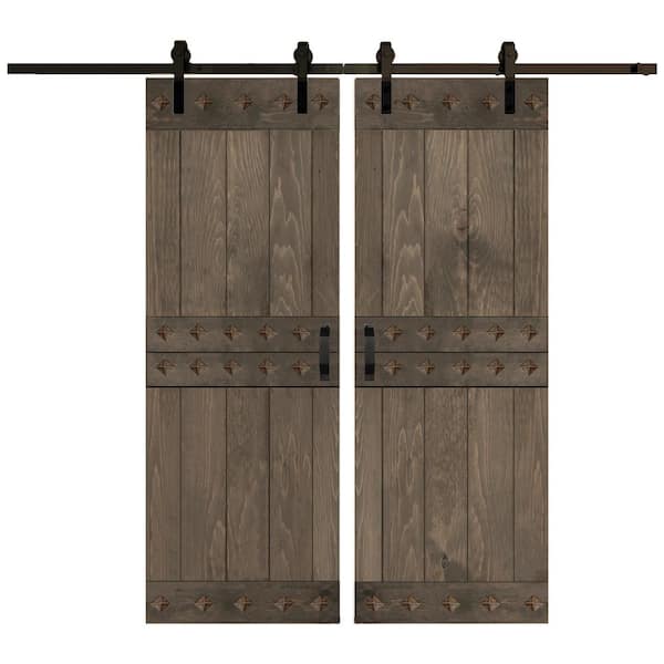 Mid-Century Style 60 in. x 84 in. Smoky Gray Finished Solid Wood Sliding Barn Door with Hardware Kit - Assembly Needed