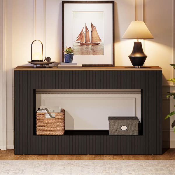 Benjamin 55 in. Rustic Brown Rectangle Wood Console Table with Storage, Long Sofa Table Behind Couch Living Room Hallway
