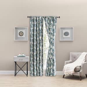 Wynette Blue Floral Cotton Lined 100 in. W x 84 in. L Rod Pocket Room Darkening Curtains with Ties (Double Panel)