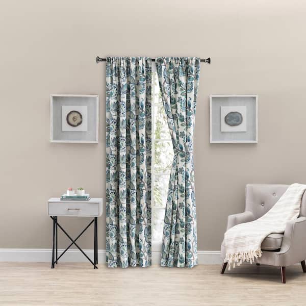 Ellis Curtain Wynette Blue Floral Cotton Lined 100 in. W x 84 in. L Rod Pocket Room Darkening Curtains with Ties (Double Panel)