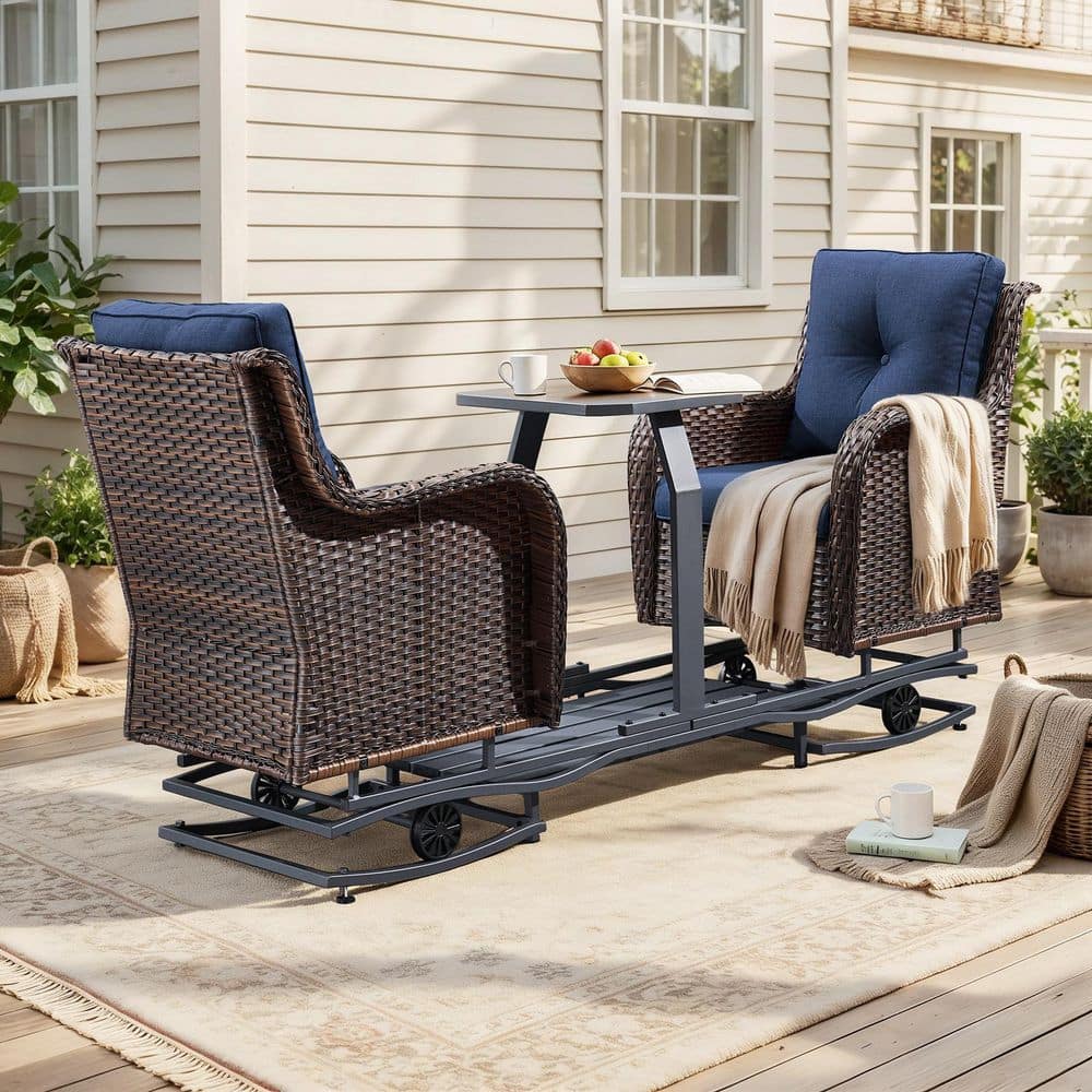 Carolina 2-Person Brown Metal and Wicker Rectangular Patio Bar Height Outdoor Glider Serving Bar Set with Blue Cushions price history on PriceWatchPro