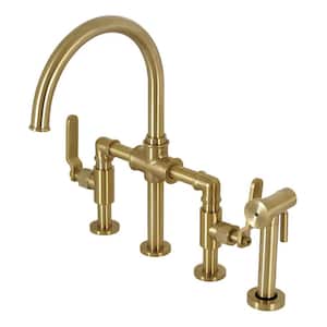 Whitaker Double-Handle Deck Mount Gooseneck Bridge Kitchen Faucet with Brass Sprayer in Brushed Brass