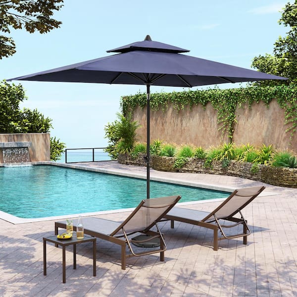 Double Top 10 ft. x 6.5 ft. Rectangular Aluminum Market Crank and Tilt Patio Umbrella in Navy Blue