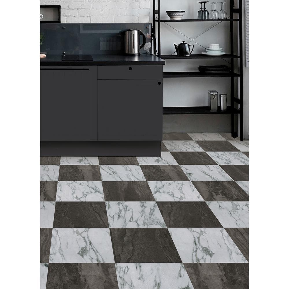 12'' x 12'' Black and White Marble Peel & Stick Floor Tiles