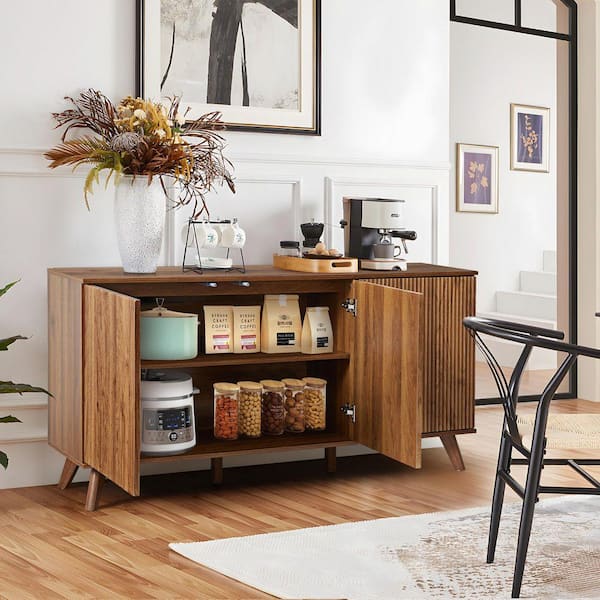 ATHMILE 57.87 in. L MDF Walnut Storage Cabinet for Living Room