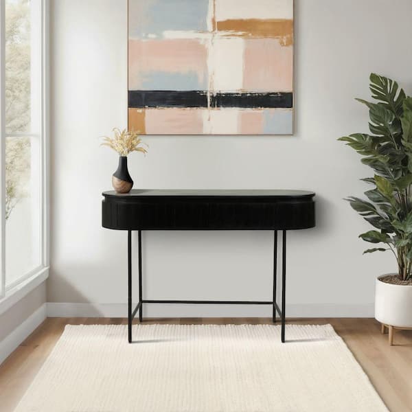 45 in. Black Rectangle Wood Ribbed Console Table
