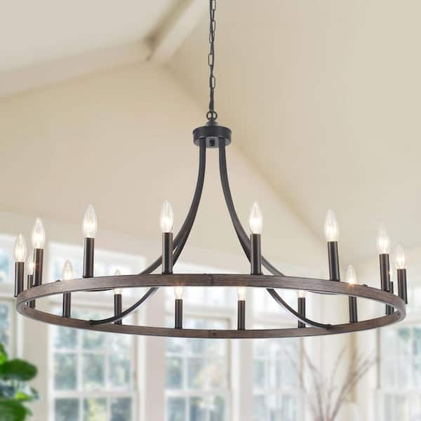 37.99 in. 16-Light Candle Black and Imitation Wood Grain Wagon Wheel Chandelier Farmhouse Pendant Light for Dining Room