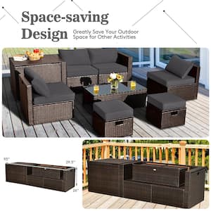 8-Piece Patio Rattan Furniture Set Space-Saving Storage Cushion Grey Cover
