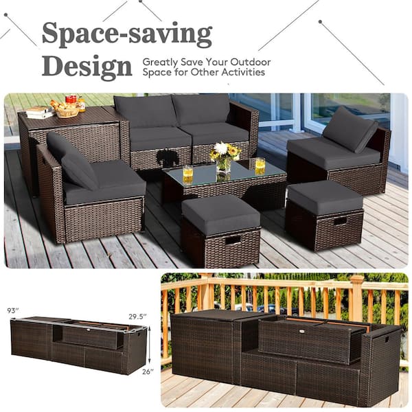8-Piece Patio Rattan Furniture Set Space-Saving Storage Cushion Grey Cover