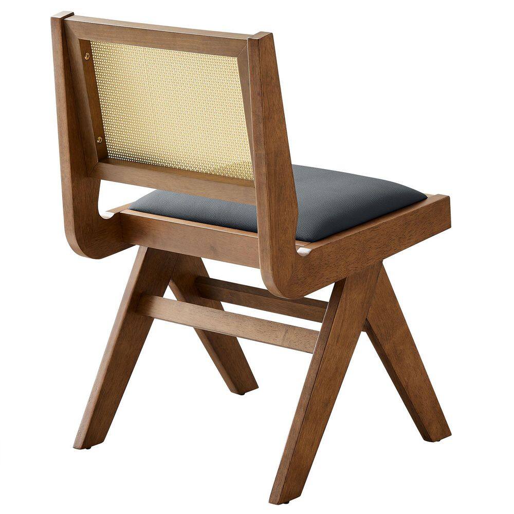 Walnut Black Low Rattan Cane Side Chair with Faux Leather Seat