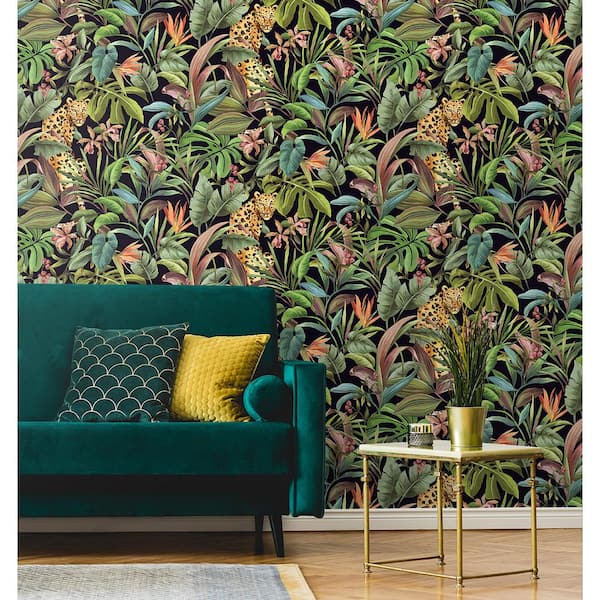 40.5 sq. ft. Gloss Black Tropical Leopard Vinyl Peel and Stick Wallpaper Roll